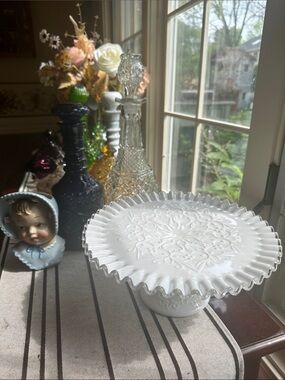 HTF Fenton Spanish Lace Silver Crest crimped rim pedestal cake stand, 1970s